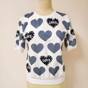 Pearl Studded Black Grey Hearts Love White Short Sleeve Top by ORIGINAL
